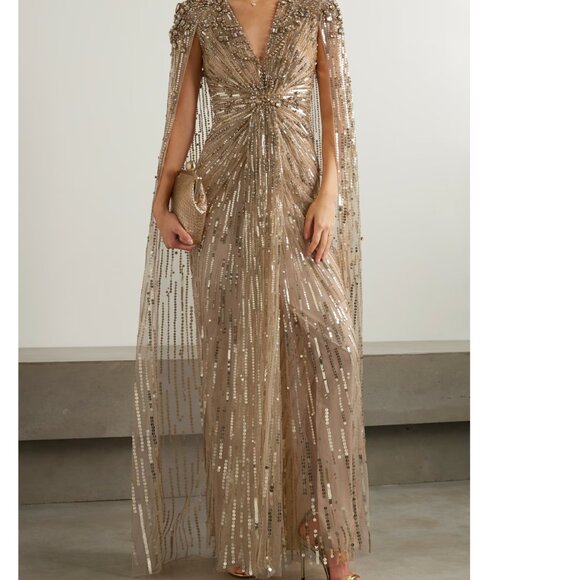 Jenny Packham - Lotus cape-effect embellished sequined tulle gown - Picture 1 of 7